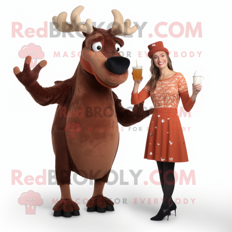 Rust Elk mascot costume character dressed with a Cocktail Dress and Mittens Rust Elk mascot costume character dressed with a Cocktail Dress and Mittens