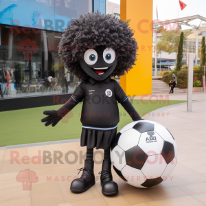 Black Soccer Ball mascot costume character dressed with a Jeggings and Scarves