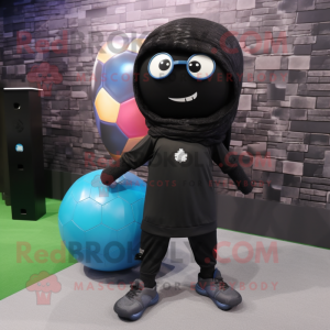 Black Soccer Ball mascot costume character dressed with a Jeggings and Scarves