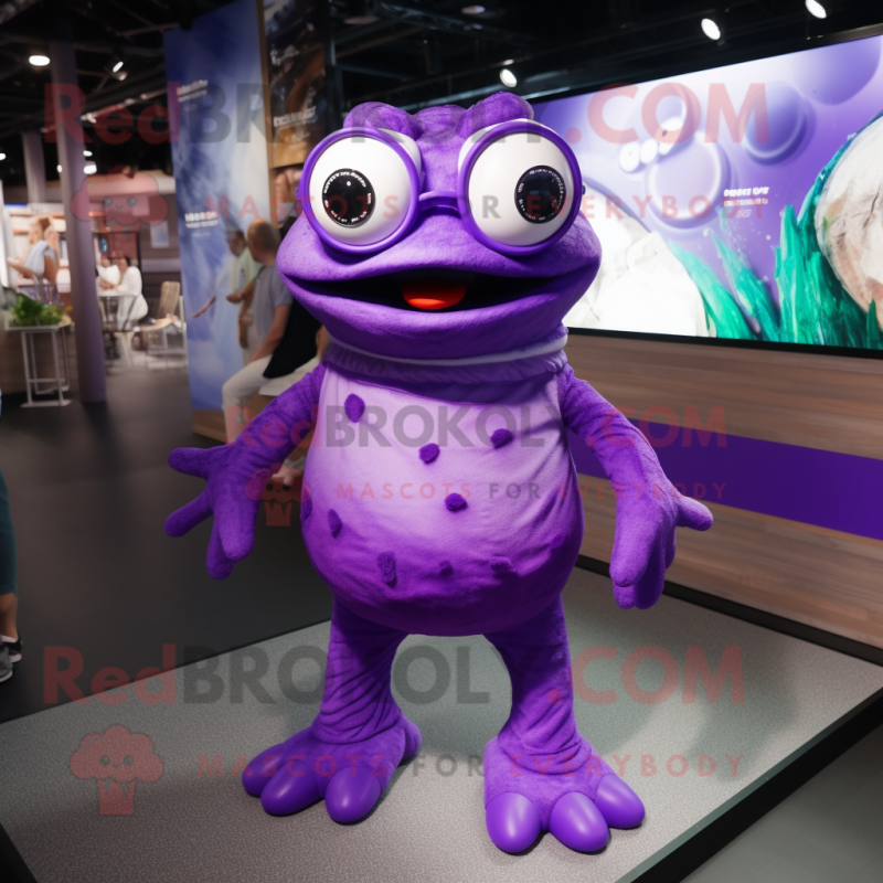 Purple Frog mascot costume character dressed with a V-Neck Tee and Eyeglasses