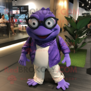 Purple Frog mascot costume character dressed with a V-Neck Tee and Eyeglasses