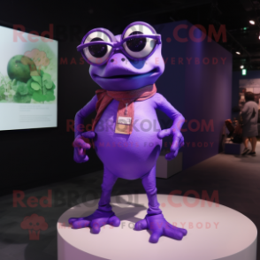 Purple Frog mascot costume character dressed with a V-Neck Tee and Eyeglasses