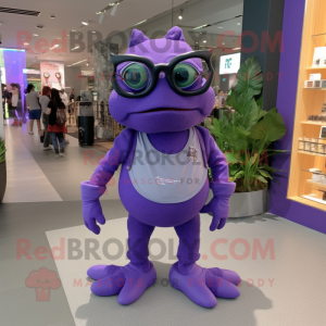 Purple Frog mascot costume character dressed with a V-Neck Tee and Eyeglasses