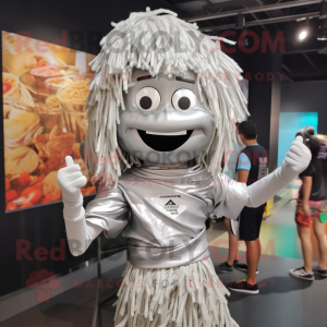 Silver Pad Thai mascot costume character dressed with a Graphic Tee and Hair clips