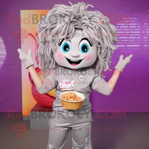 Silver Pad Thai mascot costume character dressed with a Graphic Tee and Hair clips