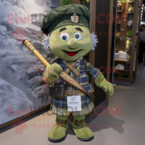 Olive Bagpipe mascot costume character dressed with a Denim Shorts and Berets