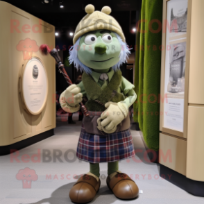 Olive Bagpipe mascot costume character dressed with a Denim Shorts and Berets