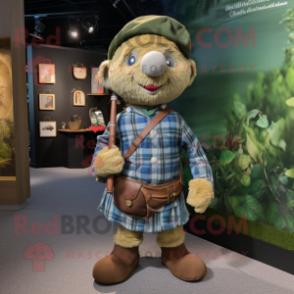Olive Bagpipe mascot costume character dressed with a Denim Shorts and Berets