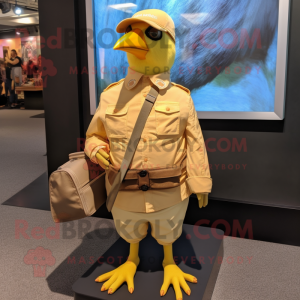 Lemon Yellow Passenger Pigeon mascot costume character dressed with a Cargo Shorts and Hat pins