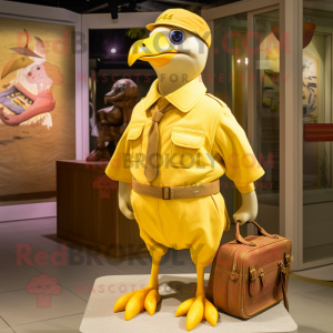 Lemon Yellow Passenger Pigeon mascot costume character dressed with a Cargo Shorts and Hat pins