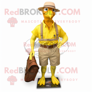 Lemon Yellow Passenger Pigeon mascot costume character dressed with a Cargo Shorts and Hat pins