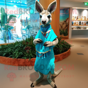 Cyan Kangaroo mascot costume character dressed with a Sheath Dress and Bracelets