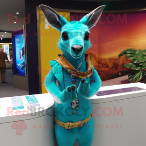 Cyan Kangaroo mascot costume character dressed with a Sheath Dress and Bracelets
