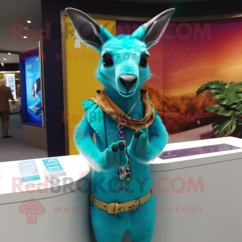 Cyan Kangaroo mascot costume character dressed with a Sheath Dress and Bracelets Cyan Kangaroo mascot costume character dressed with a Sheath Dress and Bracelets