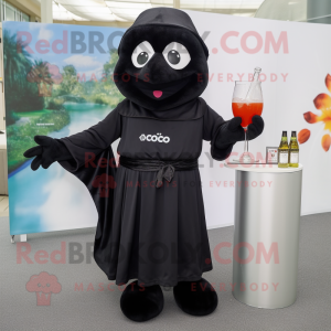 Black Moussaka mascot costume character dressed with a Cocktail Dress and Shawls