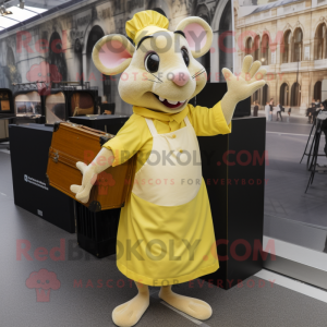 Lemon Yellow Ratatouille mascot costume character dressed with a Dress and Briefcases