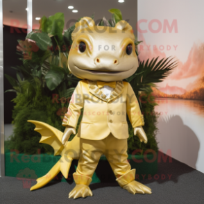 Gold Axolotls mascot costume character dressed with a Dress Shirt and Shoe laces