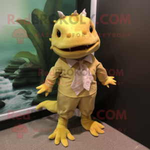 Gold Axolotls mascot costume character dressed with a Dress Shirt and Shoe laces