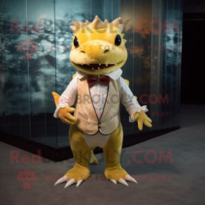 Gold Axolotls mascot costume character dressed with a Dress Shirt and Shoe laces