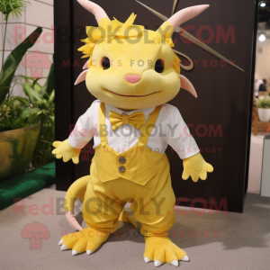 Gold Axolotls mascot costume character dressed with a Dress Shirt and Shoe laces