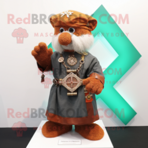 Rust Celtic Cross mascot costume character dressed with a Coat and Bracelet watches