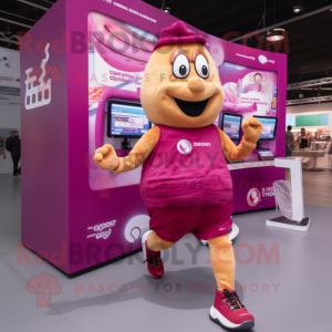 Magenta Croissant mascot costume character dressed with a Running Shorts and Digital watches