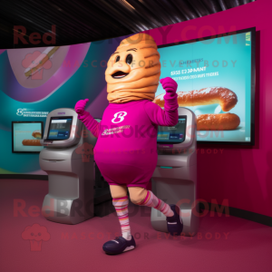 Magenta Croissant mascot costume character dressed with a Running Shorts and Digital watches