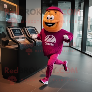 Magenta Croissant mascot costume character dressed with a Running Shorts and Digital watches