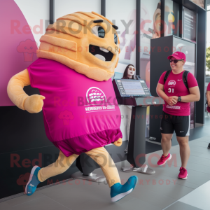 Magenta Croissant mascot costume character dressed with a Running Shorts and Digital watches