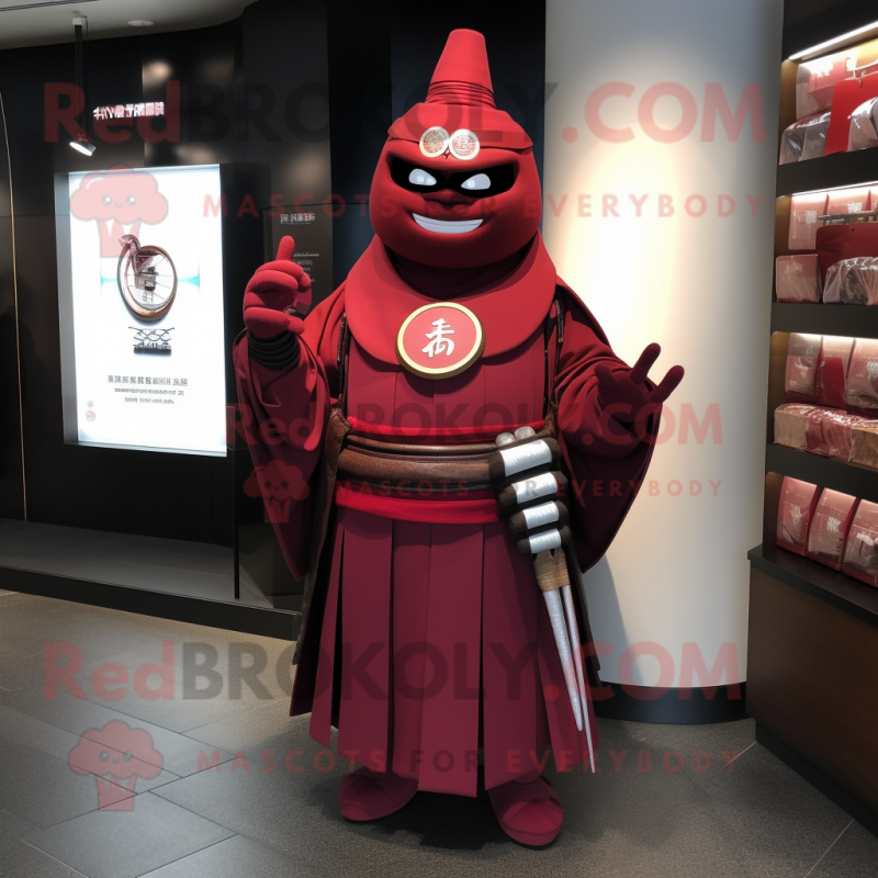 Maroon Samurai mascot costume character dressed with a Evening Gown and Wallets