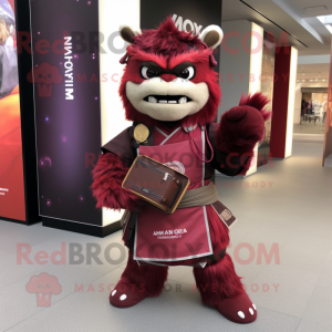 Maroon Samurai mascot costume character dressed with a Evening Gown and Wallets