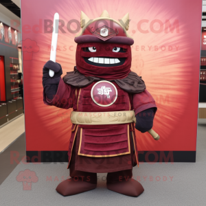 Maroon Samurai mascot costume character dressed with a Evening Gown and Wallets