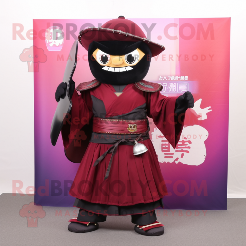 Maroon Samurai mascot costume character dressed with a Evening Gown and Wallets