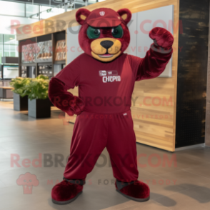 Maroon Panther mascot costume character dressed with a Overalls and Headbands