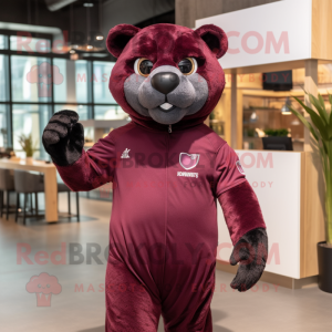 Maroon Panther mascot costume character dressed with a Overalls and Headbands