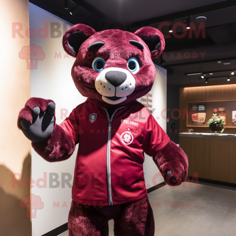 Maroon Panther mascot costume character dressed with a Overalls and Headbands