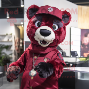 Maroon Panther mascot costume character dressed with a Overalls and Headbands