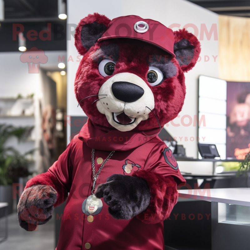 Maroon Panther mascot costume character dressed with a Overalls and Headbands