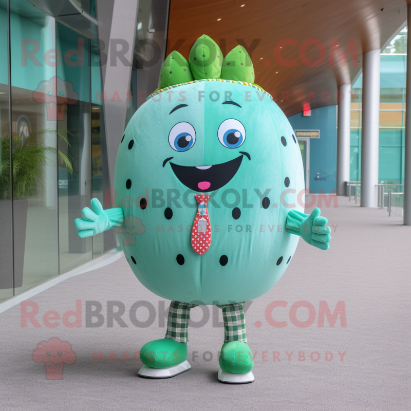 Turquoise Watermelon mascot costume character dressed with a Button-Up Shirt and Hairpins