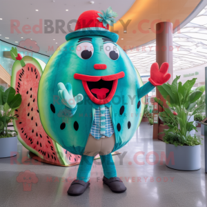 Turquoise Watermelon mascot costume character dressed with a Button-Up Shirt and Hairpins