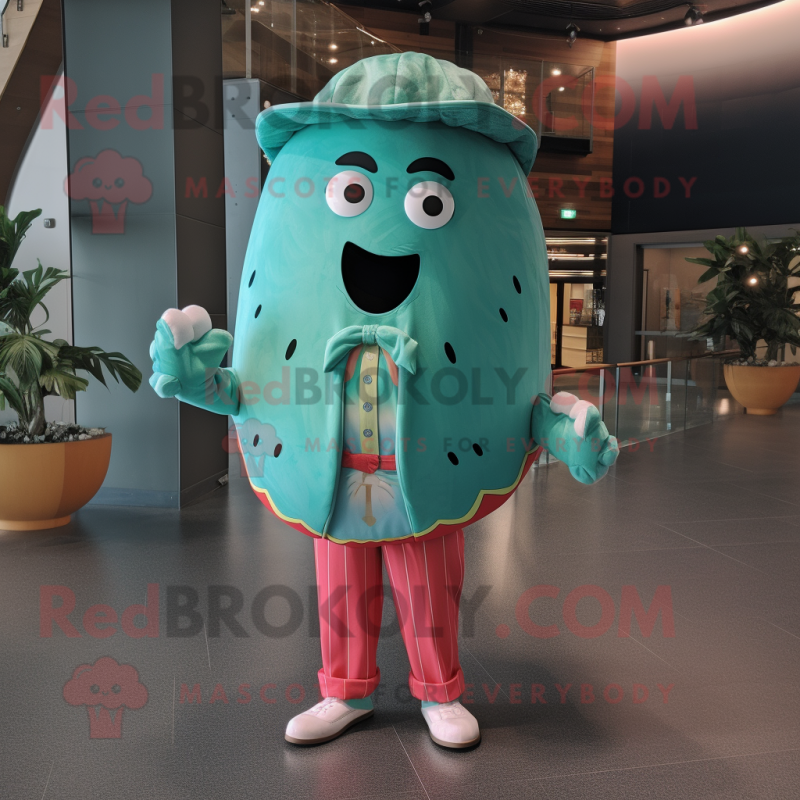 Turquoise Watermelon mascot costume character dressed with a Button-Up Shirt and Hairpins