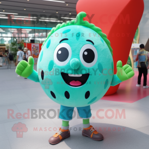 Turquoise Watermelon mascot costume character dressed with a Button-Up Shirt and Hairpins