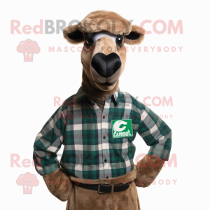 Forest Green Camel mascot costume character dressed with a Flannel Shirt and Ties