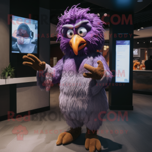 Purple Harpy mascot costume character dressed with a Corduroy Pants and Smartwatches