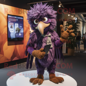 Purple Harpy mascot costume character dressed with a Corduroy Pants and Smartwatches