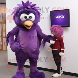 Purple Harpy mascot costume character dressed with a Corduroy Pants and Smartwatches