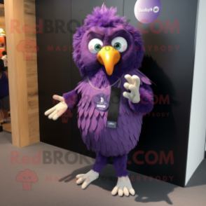 Purple Harpy mascot costume character dressed with a Corduroy Pants and Smartwatches