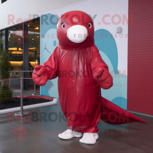 Maroon Beluga Whale mascot costume character dressed with a Raincoat and Mittens