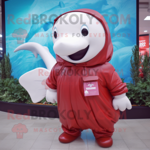 Maroon Beluga Whale mascot costume character dressed with a Raincoat and Mittens