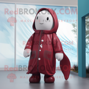 Maroon Beluga Whale mascot costume character dressed with a Raincoat and Mittens